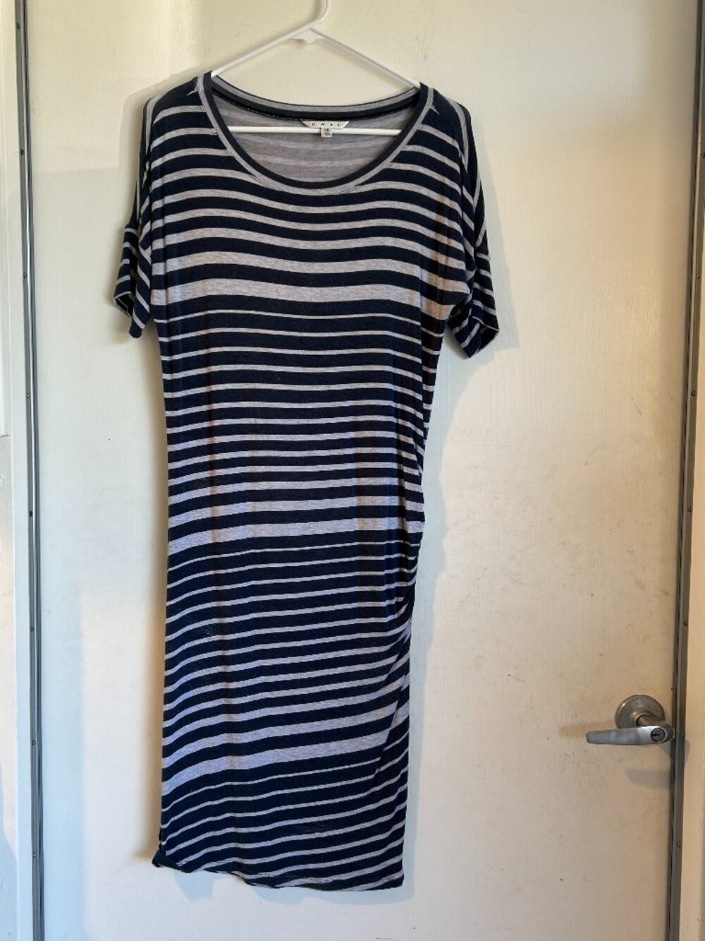 CAbi - Navy and White Stripe Short Sleeve Midi Dress